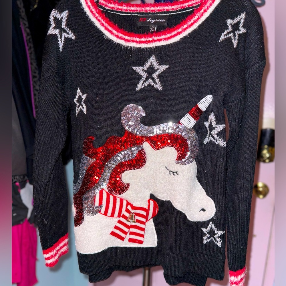 Beautiful Christmas Sweater with sequined unicorn and jingle bell by 33 Degrees